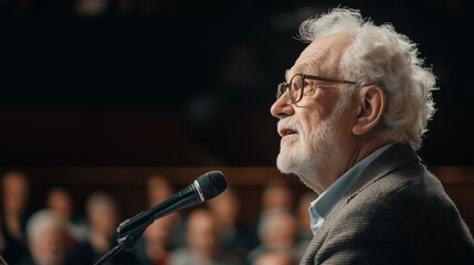 Elderly man giving speech looking hopeful, standing at microphone, crowd watching with support and encouragement