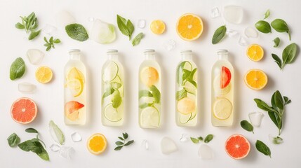 Refreshing infused water bottles surrounded by citrus fruits and herbs on a clean white background