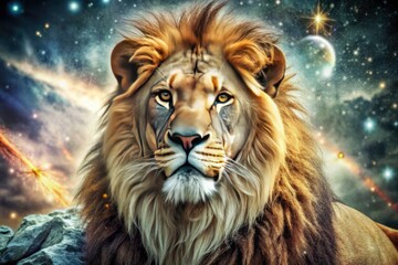 Fototapeta premium Vintage style, Leo constellation roars, wildlife fantasy, painted night sky.