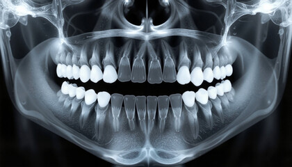 Dental X-ray displaying braces on teeth, oral health assessment
