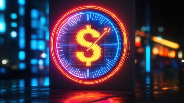 neon clock with a money symbol and double arrows, glowing brightly to showcase the critical role of time management in financial success