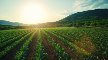 Wide shot of a sustainable farm, solar irrigation in action, farmers ensuring efficient water use, bright sunlight enhancing eco-friendly atmosphere