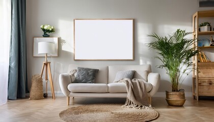 Modern Scandinavian Interior Stunning Mockup Poster Frame Showcasing Minimalist Design Elements and Bold, Neutral Colors in a Cozy and Inviting Space