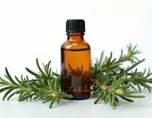 Rosemary essential oil bottle on white background. Sprigs surround amber glass container. Natural herb extract for aromatherapy, alternative medicine and skincare.