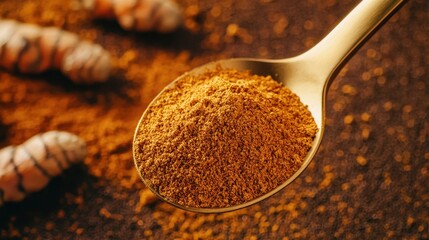 A golden spoon holds aromatic turmeric powder, surrounded by fresh turmeric roots, highlighting the vibrant color and health benefits of this popular spice.