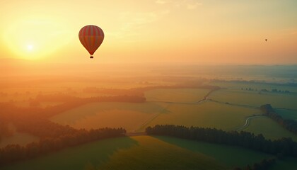 Fototapeta premium Sunrise Hot Air Balloon Ride Over Serene Landscape