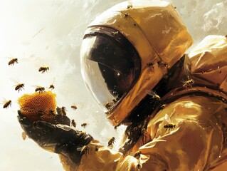 Astronaut collecting honey from bees in an alien landscape science fiction artwork surreal environment unique perspective