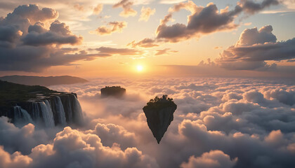Magical floating islands in a dreamy sky with waterfalls falling into the clouds.