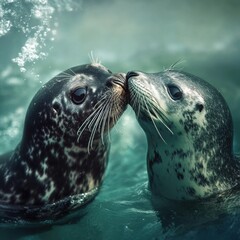 Fototapeta premium Endearing seal interaction marine habitat wildlife photography underwater environment close-up view love and bonding