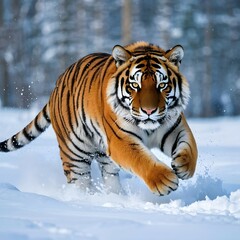 Fototapeta premium A Siberian tiger is running in the snow.