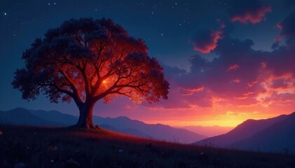 Fototapeta premium A tree with glowing embers in the background of a night sky above a TV, serene, glows, tv