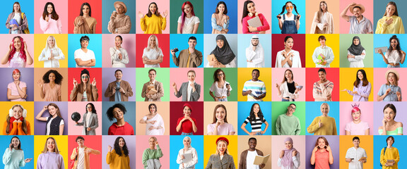 Big collage of different people on color background