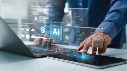 AI Artificial Intelligence technology for data analysis, research, planning, and work generate. Man uses a laptop and AI assistant dashboard. Technology smart robot AI agents and agentic workflows.