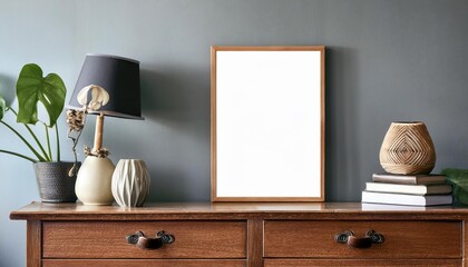 Vintage Chest of Drawers as a Striking Backdrop for a Mockup Poster Frame in an Inviting Interior Scene, Exuding a Warm and Cozy Atmosphere with a Hint of Antique Charm.