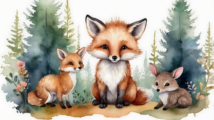 Fototapeta premium Red fox sitting in the snow in the forest with white background, cute young wild animal with furry red fur, isolated, a small predator and carnivore