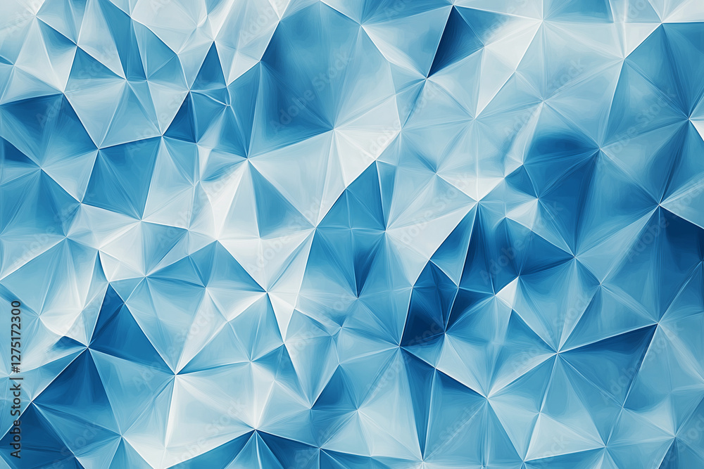 Poster blue and white abstract design with sharp angles and triangles. the design is made up of many small 