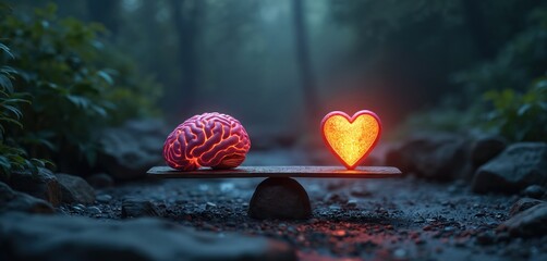 Illuminated heart, brain on scales in forest. Weighing love over intellect and emotions over logic, depicts balance and choice. Love wins against intelligence. Emotions are more important.