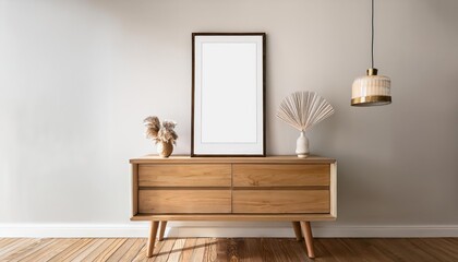 3D Render of Mockup Poster Frame on Antique Wooden Cabinet in a Cozy Home Interior, Showcasing a Rustic Charm with Elegant Textures and Vibrant Shadows, Perfect for Artwork or Design Inspiration.