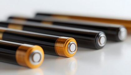 Row of sleek black and gold cylindrical batteries aligned closely