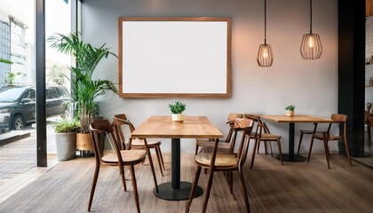Elegant Coffee Shop Ambiance Chic Cafe Table Setting and Seats Illuminated Interior Advertisement Frame, Radiating a Cozy, Inviting Atmosphere for a Modern Caf Experience.
