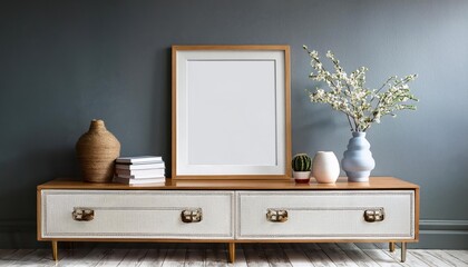 Vintage Retro Charm Meets Modern Hipster Aesthetic in this Striking 3D Render of a Chest of Drawers, Set Against a Trendy Bohemian Backdrop Perfect for Digital Art, Home Decor, and Design