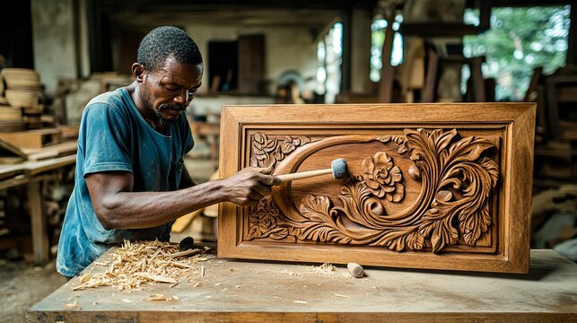 Craftsman Carving Intricate Floral Design On Wooden Panel - Powered by Adobe