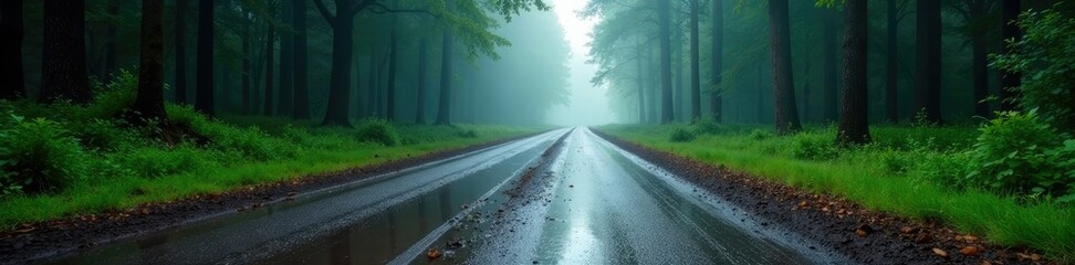 Fototapeta premium A wide forest road with deep puddles and a misty atmosphere, landscape, puddles, wet