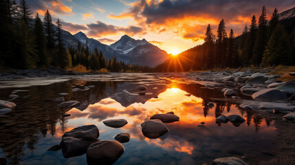 Sunset in the mountains at a calm lake. A serene mountain lake at sunrise.