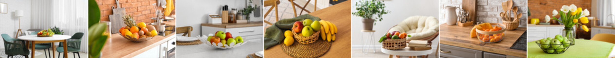 Set of baskets with fresh fruits in domestic interiors