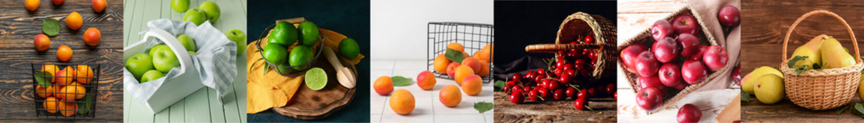 Collage of baskets with many ripe fruits