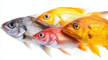 Fototapeta premium Four colorful fish of various species swimming together against a white background