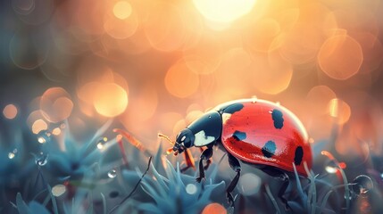 Close-up of a ladybug on grass with bokeh effect