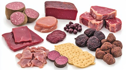 Assortment of various meats and dried fruits arranged on a white background for culinary display