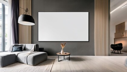 Modern Interior Mockup Poster in 3D Rendering, Depicting Sleek Furniture against a Chic Urban Backdrop with Futuristic Elements, Radiating an Energetic Vibe.