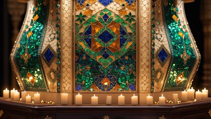 Obraz premium A majestic podium with vibrant Arabic mosaics in emerald, sapphire, and amber, accented by golden filigree, set against a warm cream background, exuding luxury and festivity.