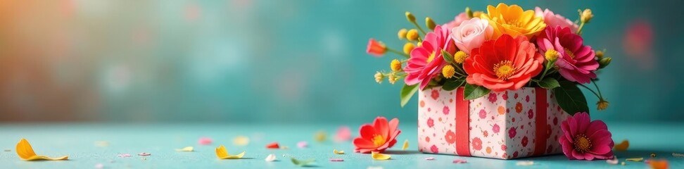 Fototapeta premium Colorful flowers wrapped around a festive box, birthday, gift