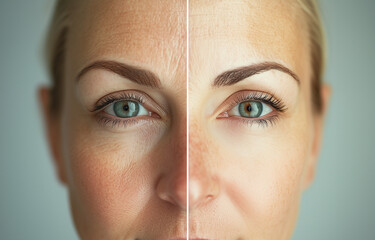 before and after woman's face with wrinkles, freckles, and cosmetic laser treatment looking younger	
