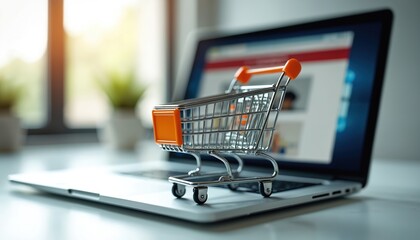 Mini shopping cart on laptop with web page depicts online shopping, e-commerce concepts. Retail, consumerism tech concept, small business marketing sale through internet.