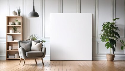 Minimalistic White Scandinavian Interior Mock Up Poster, Embracing Clean Lines and Neutral Tones with a Hint of Natural Warmth, Perfect for Digital Art, Home Decor, or Design Inspiration.