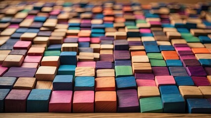 A colorful arrangement of small, rectangular wooden blocks,