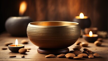 "Metal Singing Bowl and Wooden Mallet: Studio Photography