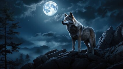 Naklejka premium A silhouetted wolf howling against a large,