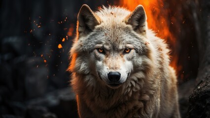 A majestic white wolf with piercing golden eyes emerges from vibrant flames,