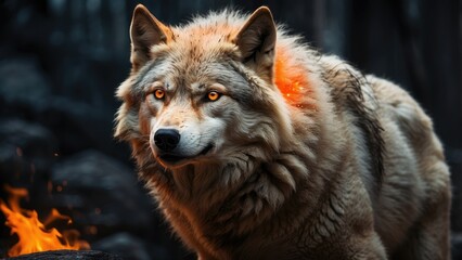 Fototapeta premium A majestic white wolf with piercing golden eyes emerges from vibrant flames,