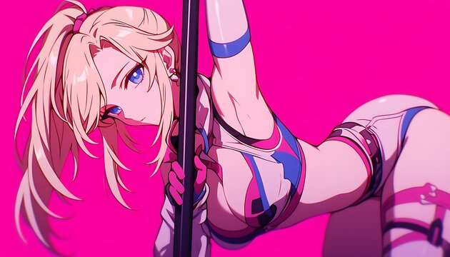 Anime girl pole dancing, vibrant pink background