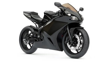 Obraz premium Sleek black motorcycle angled for dynamic view on white background