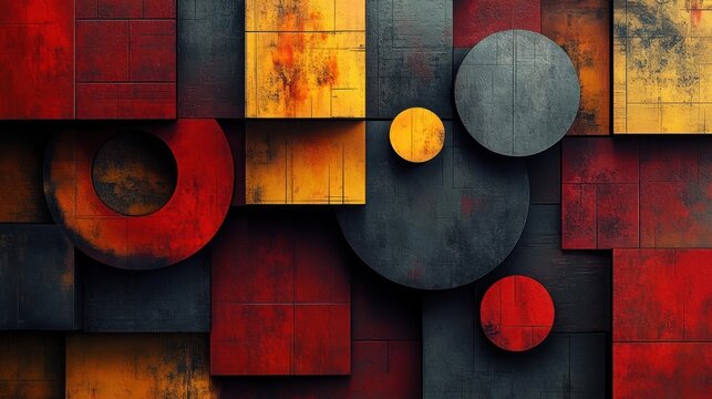 Abstract geometric composition with red and yellow shapes