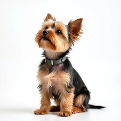 Adorable Yorkshire Terrier puppy sits, looks up. Brown and black fur, collar, white background, studio shot. Cute small dog, domestic animal, friendly canine breed pet.