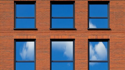 Modern brick building facade featuring large windows reflecting a clear blue sky