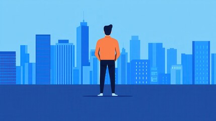 A solitary figure in an orange shirt stands facing a skyline of blue buildings, symbolizing aspiration and urban life.